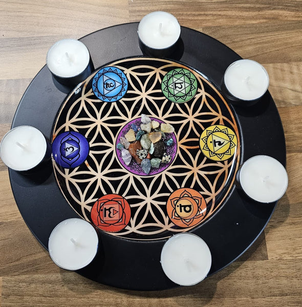 Crystal Charging Plate with Tea Light Candle Holder - 7 Chakras Design