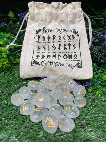 Rune Stone Set In Pouch - Clear Quartz