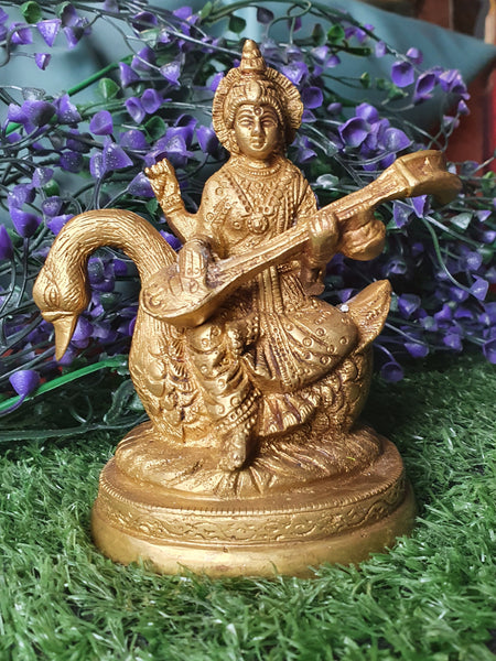 Goddess Saraswati Brass Statuette - 13cm